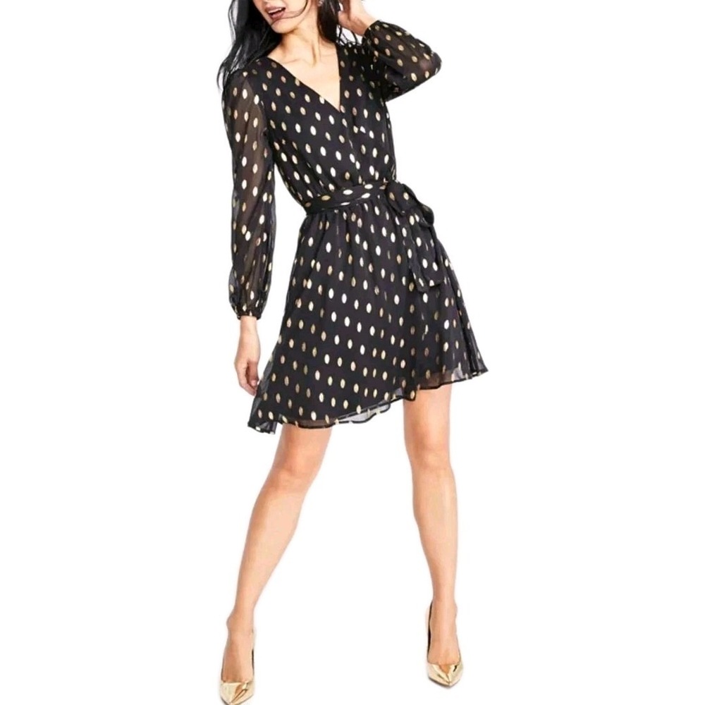 INC International Concepts Black/Gold  Long-sleeve‎ Metallic Dot Dress Large